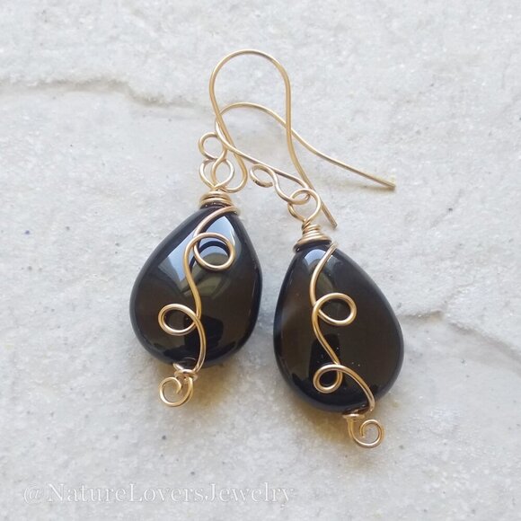 Black Agate ~ Grounding Balance Strength ~ Huge Wire Wrapped Teardrop Earrings - Picture 2 of 8